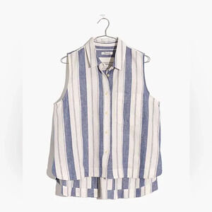 Madewell Herringbone Nice Blue Striped Sleeveless Linen Blend Shirt Sz XXS EUC
